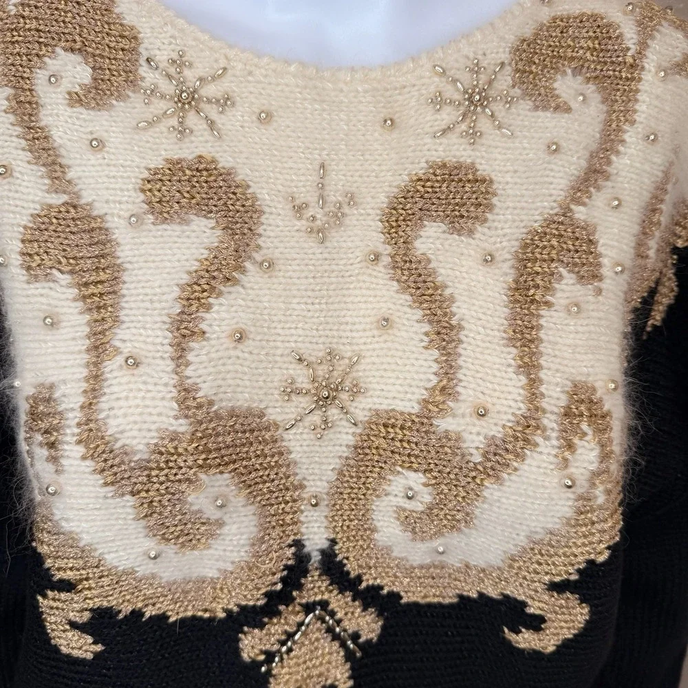 Jaclyn Smith sweater Women's SZ-S‎ Black Cream Gold Winter Snowflakes VTG 80s